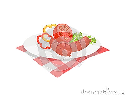 BBQ Set, Sausage for Barbecue on Plate Vector Icon Vector Illustration