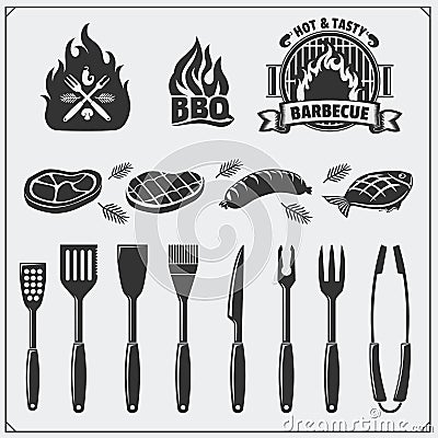 BBQ set. Steak icons, BBQ tools and labels and emblems. Vector monochrome illustration. Vector Illustration