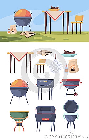 Bbq stand. Picnic grill steak in summer outdoor party kitchen items for food vector bbq yard Vector Illustration