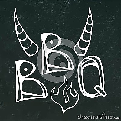 BBQ Steak Concept Lettering with Fire and Bull Horns. Meat Logo. on a Black Chalkboard Background.. Realistic Vector Illustration