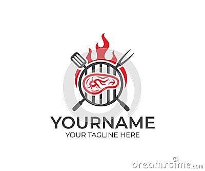 BBQ and steak with fire logo template. Grill and meat with fork and spatula vector design Vector Illustration