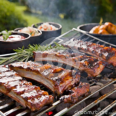 BBQ Temptation: Close-Up of Mouthwatering Spare Ribs on the Grill Stock Photo