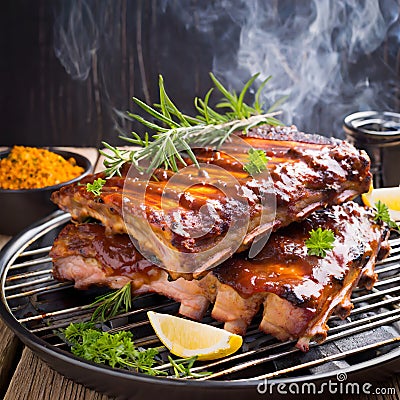 BBQ Temptation: Close-Up of Mouthwatering Spare Ribs on the Grill Stock Photo