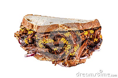 BBQ Texas Sandwich with slow roasted brisket beef meat. Isolated on white background. Stock Photo