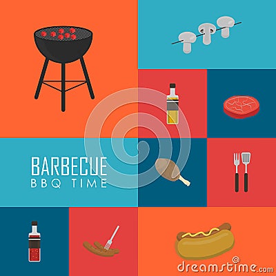 BBQ time concept. Barbecue grill icons set Cartoon Illustration