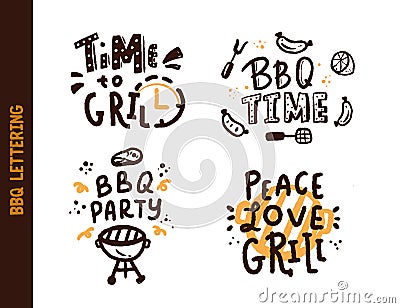 BBQ time set lettering about grill isolated on blackboard. Vector illustration. Barbecue text for poster design Vector Illustration