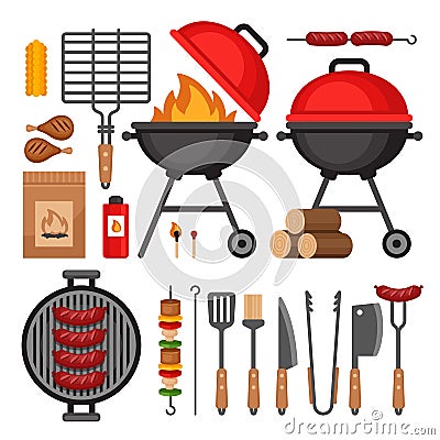 Bbq tools set. Barbecue grill isolated elements. Flat style, ve Vector Illustration