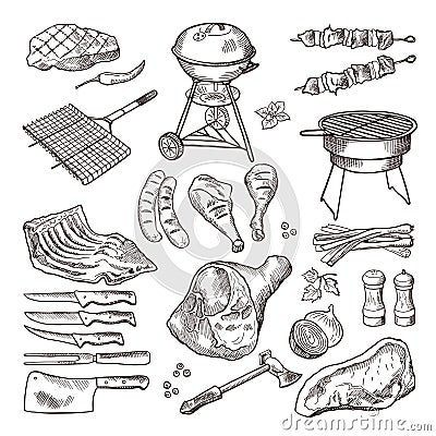 Bbq vector hand drawn illustration set. Grilled meat and other accessories for barbecue party Vector Illustration