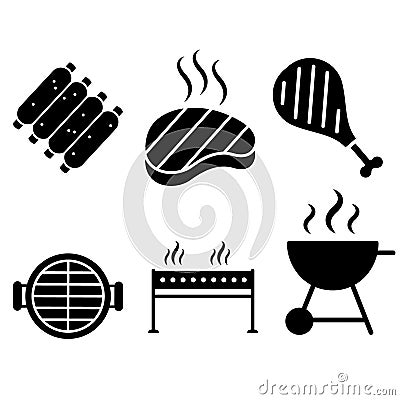 BBQ vector icon set. Grill illustration sign collection. Barbecue symbol. Cartoon Illustration