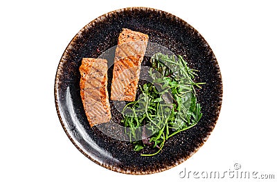 BBQ vegetarian dinner - grilled salmon fillets steaks on plate with salad. Isolated on white background. Stock Photo