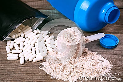 Bcaa pills and protein Stock Photo