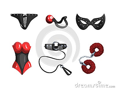 BDSM Erotic Toys with Leather Collar, Mask, Corset and Bracelet Vector Set Stock Photo