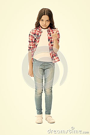 Be aware of. Upbringing versatile personality. Childhood concept. Girl child stand white background. Happy childhood Stock Photo