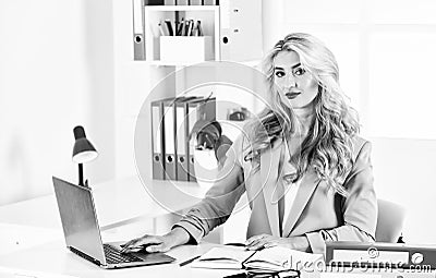 Be The Change You Want To See. designer at workplace office. receptionist work on reception. female business leader Stock Photo