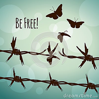 Be free! barbed wire turning into butterflies Vector Illustration