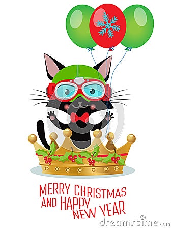 Be a Hero This Year. Merry Christmas And Happy New Year Greeting Card Design. Cute Cat With New Year Costume. Vector Illustration