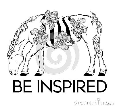 Be inspired. Vector hand drawn illustration of surreal horse with flowers Vector Illustration