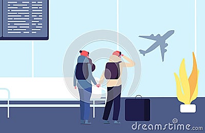 Be late for flight. Passengers and flying away plane vector illustration Vector Illustration