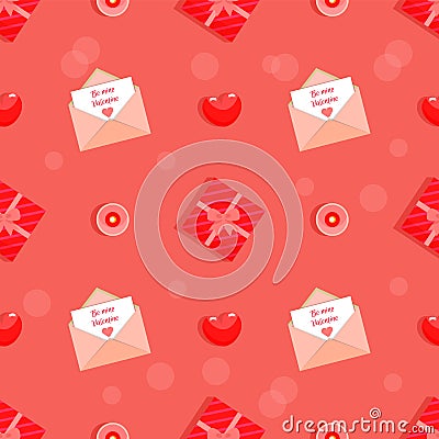 Be Mine Valentine Seamless Pattern In Red Colours. Vector Cartoon Illustration In Flat Style. Composition With Love Vector Illustration