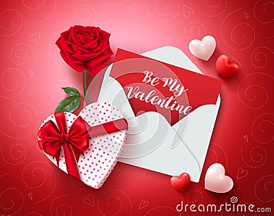 Be my valentine greeting card vector design with love letter, rose and gift Vector Illustration