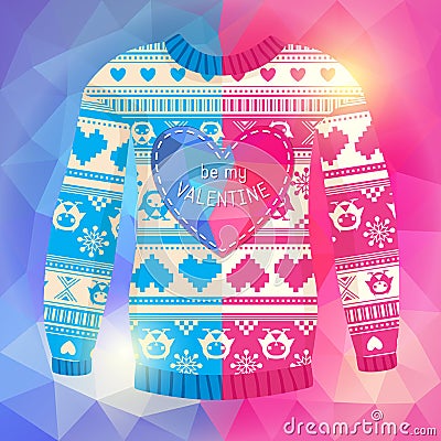 'Be my Valentine' greeting card. Warm sweater with owls and hear Vector Illustration