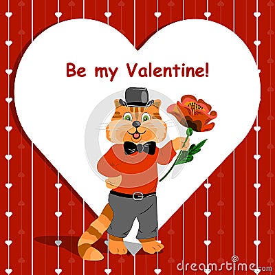 Be my Valentine lettering card with cute ginger cat holding a nice flower on love background. Vector Illustration