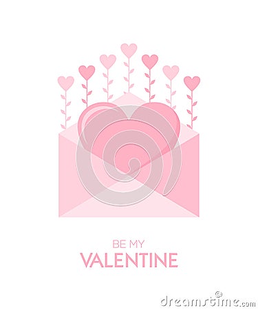 Be my Valentine - Valentines day greeting card. Pink envelope with big heart inside and hearts on stems on a white background Cartoon Illustration