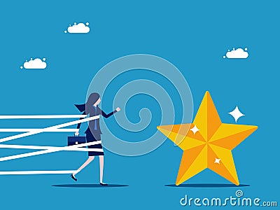 Be patient and try for success. Businesswoman tied up with tape and heading to grab stars Vector Illustration