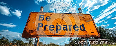 Be Prepared sign in bold lettering on a cautionary yellow traffic sign against a backdrop of blue sky with fluffy white Stock Photo