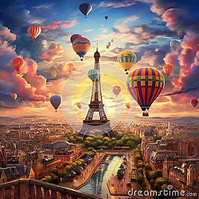 Surreal City of Love with Eiffel Tower on Floating Island and Vibrant Balloons Stock Photo