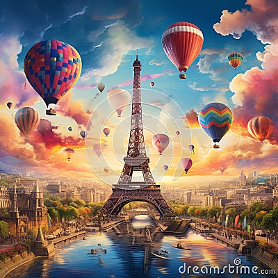 Surreal City of Love with Eiffel Tower on Floating Island and Vibrant Balloons Stock Photo