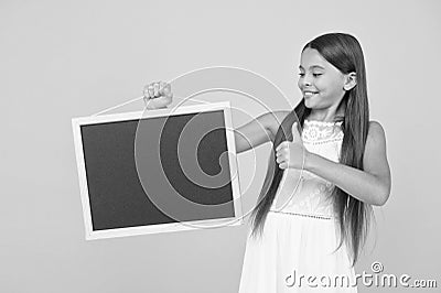 Be successful. carefree beauty show blackboard. kid show thumb up. little child advertises beach activity. happy Stock Photo