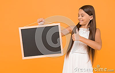 Be successful. carefree beauty show blackboard. kid show thumb up. little child advertises beach activity. happy Stock Photo