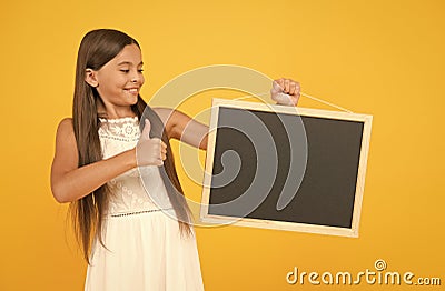 Be successful. carefree beauty show blackboard. kid show thumb up. little child advertises beach activity. happy Stock Photo