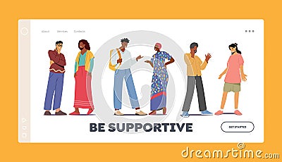 Be Supportive Landing Page Template. Multiethnic Couples Talking. Chatting People, Multiracial Men and Women Meeting Vector Illustration