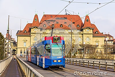 Be 4/10 tram on Kirchenfeldbrucke in Bern Editorial Stock Photo