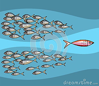 Be unique: Fish Swimming Against The Tide Vector Illustration