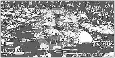 Illustration of crowded summer beach in black and white relief print style Cartoon Illustration