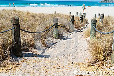 Beach access between rope and bollards across sand path Editorial Stock Photo
