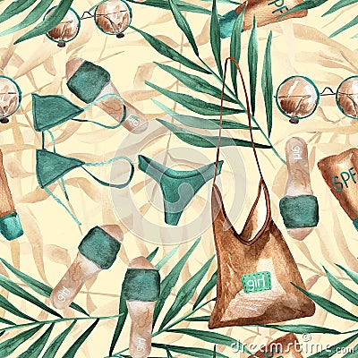 Beach accessories, bag. cream, glasses, flip flops watercolor seamless pattern Cartoon Illustration