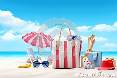 Beach accessories: glasses, panama, bag, parasol, sun lounger and tropical landscape - Generative AI Cartoon Illustration