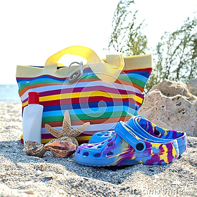 Beach accessories on the sand Stock Photo