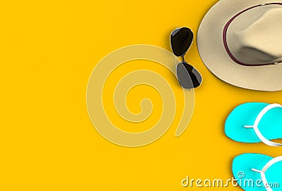 Beach accessories on yellow plank, Summer vacation concept Stock Photo