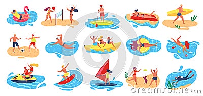 Beach activities. Active man and woman surfing, windsurfing, swimming, scuba diving. Summer vacation outdoor water sport Vector Illustration