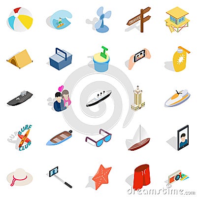 Beach activity icons set, isometric style Vector Illustration