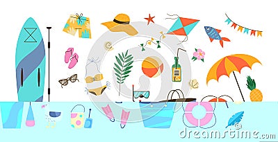 Beach summer sea vacation set of accessories flat vector illustration isolated. Vector Illustration