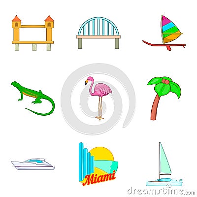 Beach of america icons set, cartoon style Vector Illustration