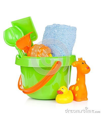 Beach baby toys and towel Stock Photo