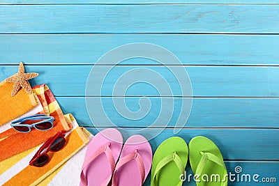 Beach background, flip flops, sunglasses, copy space Stock Photo