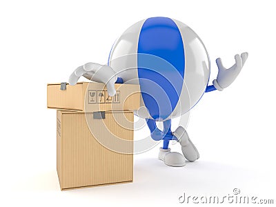 Beach ball character with stack of boxes Stock Photo